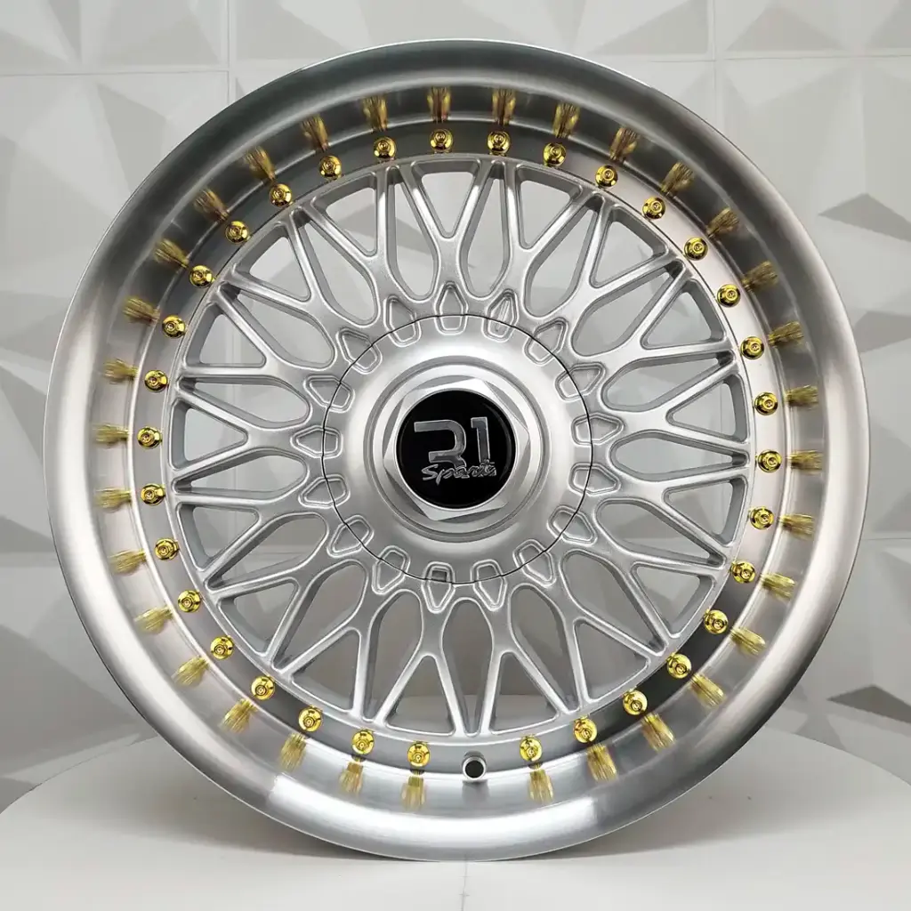 RIN 17X8 4-100/114.3 R1 SPORT 7953F BLACK MACHINE LIP GOLD RIVETS ET20 CB73.1